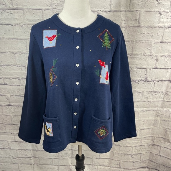 Kim Rogers Christmas Holiday Sweatshirt Cardigan Size Petite Large - Picture 1 of 8